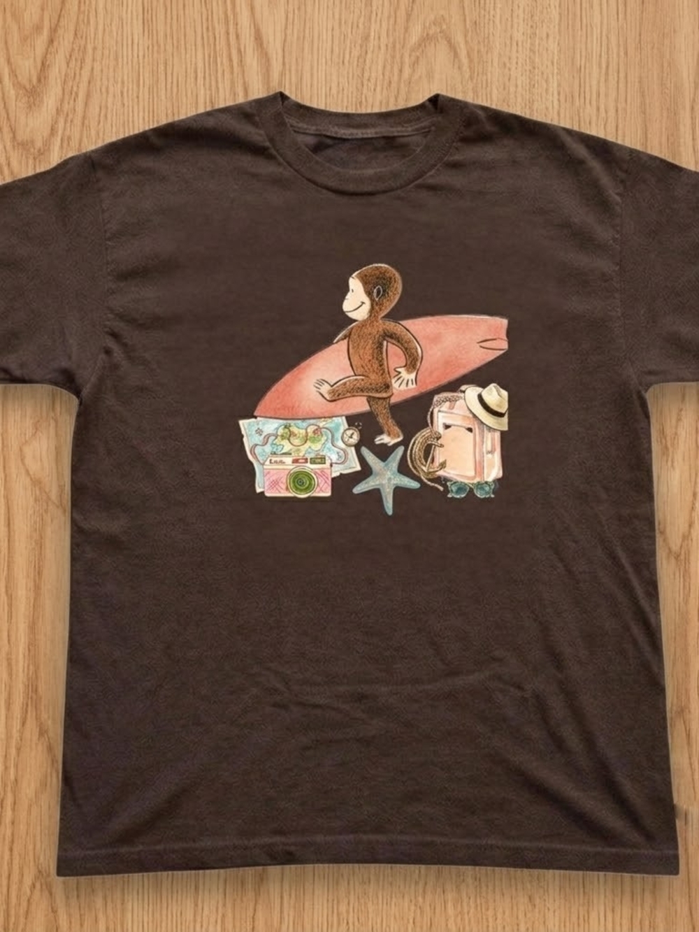Gildan Brown Graphic Tee with Surfing Monkey Illustration